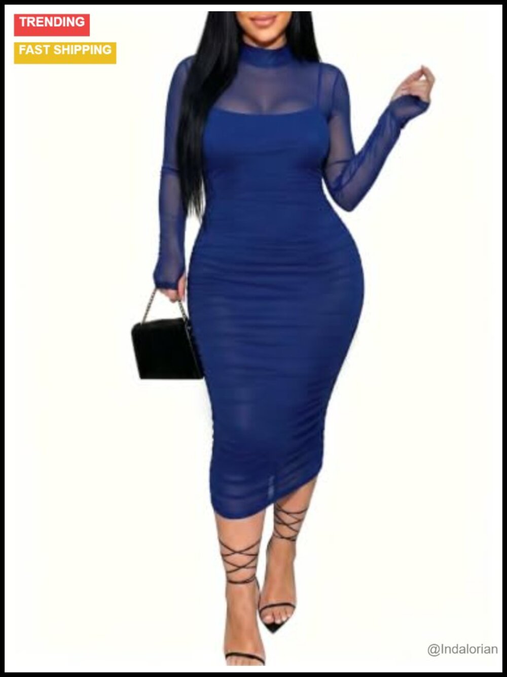 Mesh Sheer Long Sleeve Midi Bodycon Dress Ruched Mock Neck Party Club